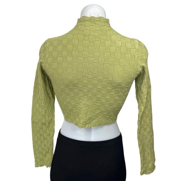 L.A. Heart Green Checker Stitch Mock Neck Long Sleeve Cropped Sweater Top Size S - Picture 2 of 5
